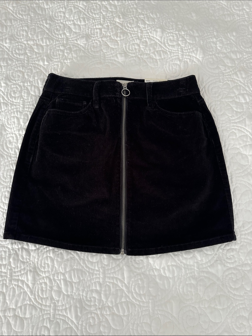 Black Corduroy Front-Zip Mini Skirt